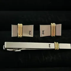 【極美品】イヴサンローラン YSL カフス＆タイピンセット シルバー×ゴールド 1024004 Yves Saint Laurent YSL Logo Cufflinks & Tie Clip Set Silver Gold Vintage