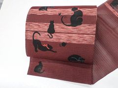 【京松】リサイクル着物 八寸名古屋帯 夏物 お太鼓柄 オリジナル 猫柄 開き仕立て 正絹 sok7b07-26