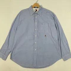 90'S TOMMY HILFIGER 90年代 トミーヒルフィガー オックスフォードシャツ フラッグタグ 長袖シャツ ボタンダウン ワンポイント刺繍 オーバーサイズ ビックシルエット JAMAICA製 XLサイズ ブルー