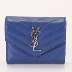■サンローラン パリ■カサンドラ YSL ロゴ キルティング レザー 三つ折り 財布 本革 ステッチ ブルー レディース AGM 0421-1G9【中古】