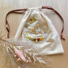 【ボーダーコリー巾着】お花刺繍バージョン♪