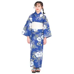 [KYOETSU] [キョウエツ] 浴衣セット ジュニア レトロ 変わり織 3点セット(浴衣、兵児帯、下駄) C ガールズ (110cm, 9.群青撫子) 0