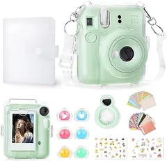 【迅速発送】Rieibi【7点セット】instax mini 12クリアケース（カメラなし）、インスタックスミニ 12 チェキ カバー 透明 クリアケース ファイル収納 ポケット付き ショルダーストラップ付き ハード(グリーン）
