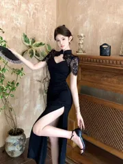 大人気?チャイナ風ロングドレス　レース切り替え　パーティーに最適