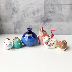 民芸品  置物 まとめ売り おしどり 猿 牛 猪 土鈴 壺  縁起物 干支