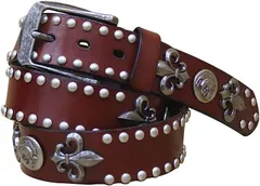 Laquest ラクエスト メンズ 革 スタッズ ベルト レザー アンティーク スカル コンチョ ユリ 紋章 レリーフ(ダークレッド)