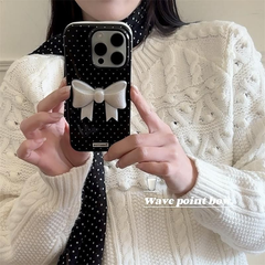 艶 光沢 立体リボン ドッド柄 水玉 かわいい ガーリー おしゃれ 高級感 スマホケース アイフォンケース iPhone11 iPhone12 iphone13 iPhone