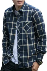 BENQUE(ベンケ) チェックシャツ 長袖 カジュアル チェック柄 ネルシャツ ロング トップス Yシャツ 柄シャツ カジュアルシャツ 襟付き(ネイビー/イエロー,  M)