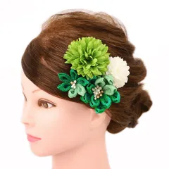 髪飾り 成人式 振袖 浴衣 卒業式 袴 結婚式 4点セット 緑 白 花 和 洋 かんざし 手作り 簪 つまみ細工 ちりめんフォーマル 花飾り 玉飾り ブライダル W 38 303-295 緑 白 p731　Si