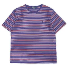 ポロラルフローレン POLO RALPH LAUREN 90s 90年代 マルチボーダーTシャツ ロゴ 刺繍 ワンポイント クルーネック 半袖 USA アメリカ ヴィンテージ 古着 メンズ Tシャツ・カットソー ネイビー系 L【中古】
