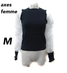 アクシーズファム axes femme ニット カットソー リブ 切替 チュール レース 長袖 M 紺 ネイビー 白
