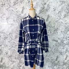 美品　TOMMY HILFIGER　トミーヒルフィガー　ワンピース　シャツワンピース　ひざ丈　長袖　薄手　裏地無　チェック　総柄　春　夏　秋【size M】　ブルー　青　ネイビー　紺　ホワイト　白