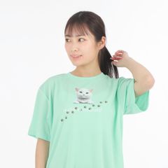 【 ライトグリーン 】 アニマル Tシャツ (白猫) Type1 スマイル ペット かわいい ドライ ポリエステル 半袖 Cat ねこ ネコ