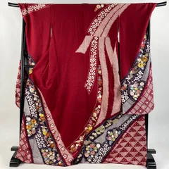 振袖 身丈172.5cm 裄丈72.5cm L 袷 宝尽くし 菊 絞り 刺繍 赤 正絹 名品 【中古】