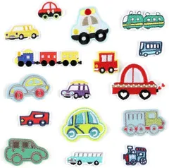 【在庫処分】ワッペン 16枚セット 車 乗り物 アイロン接着 刺繍ワッペン アップリケ パッチ 補修 可愛い 子供 男の子 幼稚園 保育園 DIY お祝い ギフト