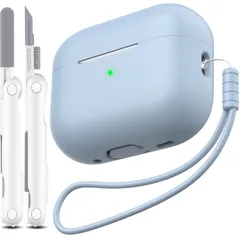 【在庫処分】第2世代ケースカバー、ミリタリーグレードの落下防止ソフトシリコン製衝撃吸収AirPods Pro Proケーススキンタッチ、キーチェーンとクリーニングキット付き、フロントLEDが見える、スカイブルー AirPods