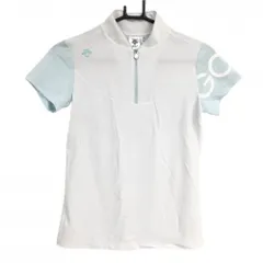 【超美品】デサントゴルフ 半袖ハイネックシャツ 白×ライトブルー ハーフジップ 肩ロゴ 中田英寿 レディース S ゴルフウェア DESCENTE