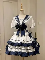 ゴスロリ・ロリータドレス ネイビーとホワイト  Lolitaワンピース セーラー襟
