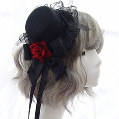 アチスメル ゴスロリ ヘッドドレス シルクハット ヘアアクセ コスチューム 薔薇 レディース ハロウィン 帽子コスプレ ロリータ(レッドリボン)