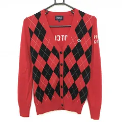 【美品】パーリーゲイツ ニットカーディガン レッド×黒 前面アーガイル柄 ウール100％ レディース 1(M) ゴルフウェア PEARLY GATES
