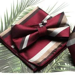 蝶ネクタイ　ポケットチーフ　2点セット　ワンタッチネクタイ　発表会　結婚式　パーティー　イベント　卒業式　入学式　入社式　ダンスパーティー　バーテンダー　スーツ　ワイシャツ　格安　ストライプ柄　ワインレッド色　ブラック色　シルバー色　クリーム色　メンズネクタイ