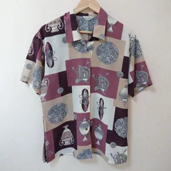 (^w^)b CRIBIA カルビア 半袖 デザイン シャツ トップス 羽織り 透け感 総柄 レトロ アート オシャレ 普段着 タウンユース 80's 90's ヴィンテージ ビンテージ カジュアル ベージュ パープル 紫 レディース