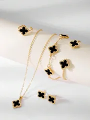 ジュエリー レディース セット 4つ葉のクローバーファッションバーサタイルラッキークローバージュエリーセット 6点 ピアス、ネックレス、ブレスレット、バングル、リング 女性向け バレンタインデー、母の日のギフトに最