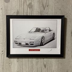 【鉛筆画】日産　180SX　中期　　名車 旧車 ノスタルジックカー イラスト 絵画 デッサン 絵　A4サイズ   額付き 作者直筆サイン入り 車好き 男性 向け バースデー  退職祝い ギフト クリスマス プレゼント にも最適