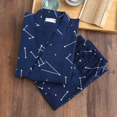 ☆ ネイビー×メンズ ☆ Mサイズ ☆ 甚平 パジャマ 上下セット レディース メンズ  甚平 パジャマ ルームウェア 部屋着 和風 ナイトウェア ルームウエア ナイトウエア 上下セット レディース メンズ カップル 七分袖 長ズボン 綿 二重ガーゼ