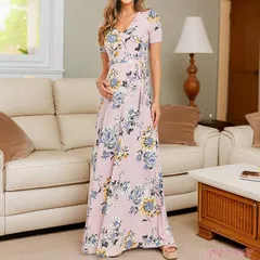 ワンピース マキシ丈 半袖 Vネック カシュクール LAインポート 花柄 ハイウエストリボン S.M.L.XL ブラッシュピンク FROM USA HM250414LA031