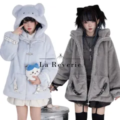 耳付き ファーコート 🐭 もこもこ フード アウター グレー 水色 ブルー 青 ❄️ チャイナボタン 地雷系 量産型 ゆったり オーバーサイズ 袖 ベルト コート 🧸 🖤