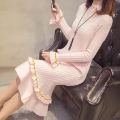 【ピンク★Ｌサイズ　】長袖ニット　ひざ丈 ワンピース秋冬　暖かい 女性 Aライン　体型カバー　大きめ　ゆったり