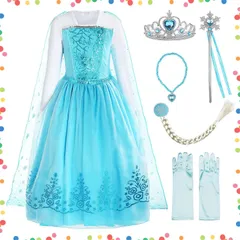 【在庫処分】プレゼント クリスマス キッズ お誕生日 コスチューム ハロウィン ワンピース パーティー コスプレ 仮装 アクセサリー お姫様 セット 女の子 ライトブルー 100 子供 110 ドレス 120 130 プリンセス 140 [ReliBeauty