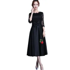 [JINPIN] パーティードレス レース ドレス レディース フォーマルドレス ワンピース ミモレ丈 花柄 刺繍 フォーマル Aライン ミディアム フレア パーティー ひざ丈 ロング マキシ プリーツ 二次会 披露宴 結婚式 発表会 お呼ばれ (ブラック,M