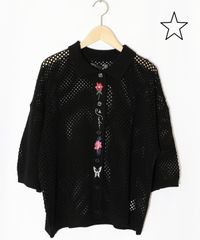 ☆isScoLar イズスカラー 552226：花蝶刺繍 メッシュ編みシャツ