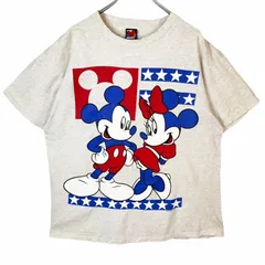 海外限定!90sUSA製Mickey UnlimitedミッキーアンリミテッドDisneyディズニーJERRY LEIGH半袖TシャツキャラクターTキャラ物ミニーMinnie星条旗アメリカ国旗ヘザーホワイト青ブルー赤レッドvintageヴィンテージ41216