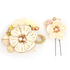 髪飾り 成人式 つまみ細工 振袖 前撮り 袴 花 白 ピンク ゴールド ちりめん パール ビーズ 組紐 玉飾り 小さい 2点セット 着物 No.12-1006