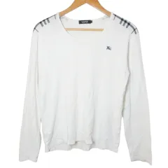バーバリーブラックレーベル BURBERRY BLACK LABEL 長袖 Tシャツ カットソー ロゴ チェック切替 ラウンドネック ホース刺繡 2 M相当 白 ホワイト /X