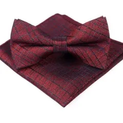 赤と青のチェック 蝶ネクタイとポケットチーフセット　結婚式　発表会　七五三祝い　イベント　パーティー　ダンスパーティー　バーテンダー　卒業式　卒園式　入学式　入園式　入社式　成人式　父の日　蝶ネクタイ　チーフ　格安　ワインレッド色　赤紫　ネイビー色　チェック柄