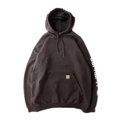 CARHARTT 袖プリント スウェット フード パーカー XL / カーハート 裏起毛 トレーナー スエット ダークブラウン ボロ