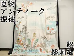 平和屋本店■極上　夏物　アンティーク　大正ロマン　振袖　絽　総刺繍　尾長鳥　暈し染め　金銀糸　白地　逸品　CYAA2170s5