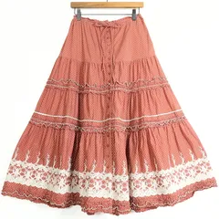 【美品】ピンクハウス★ドットとフリルのローンスカート 赤茶系 前開き はしごレース&カットワーク刺しゅう♪z13271