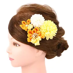 髪飾り 成人式 つまみ細工 振袖 前撮り 袴 花 浴衣 夏祭り 花火大会 豪華4点セット 黄色 橙色 オレンジ 白 ヘアアクセ かんざ No.9-4258