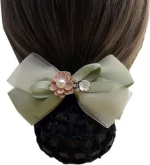 【在庫処分】Fintier シニヨンネット 人気な 花 蝶結び まとめ髪ネット ボリュームリボン バレッタ ネット付き 髪留め 髪飾り お団子ネット ヘアクリップ レディース 披露宴 結婚式 入学式 婚葬祭