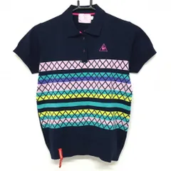 【美品】ルコックゴルフ 半袖ニットポロシャツ ネイビー×ピンク×グリーン 前ボーダー風総柄  レディース M ゴルフウェア le coq sportif
