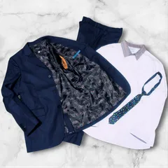 【極美品/4点セット】Paul Smith Junior　ポールスミスジュニア　スーツ　セットアップ　総柄　恐竜　150サイズ　ジャケット　パンツ　シャツ　ネクタイ　マルチストライプ　ロゴボタン　近年モデル　男の子　卒業式　発表会