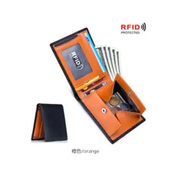 ■二つ折り財布 本革 コンパクト薄型カーボン 黒 オレンジ a041