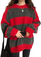 1/2style セーター ニッ トボーダー 柄 編み トップス ザックリ ゆる クルー ネック 丸首 オーバー カジュアル シンプル 秋冬 レディース 赤( レッド,  L)