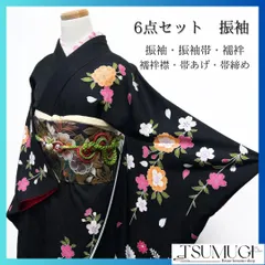 振袖６点セット　黒地　菊花　枝垂れ桜　晴れの日　成人式　着物　064w p