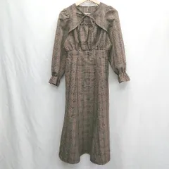 ◇ ⊇ ems excite エムズエキサイト チェック柄 生地薄手 長袖 ロング丈 ワンピース サイズF ブラウン系 レディース E  【1501160005984】